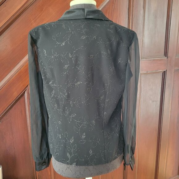 Another Thyme Vintage Black Chiffon Embroidered Wrap Blouse With Satin Collar & - Picture 4 of 7